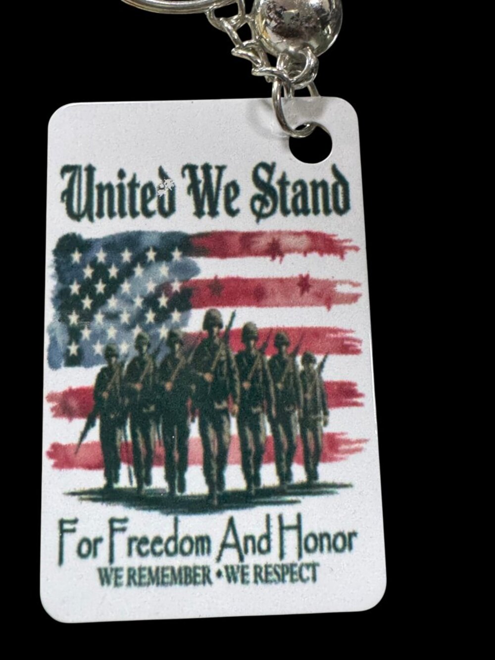 United We Stand Patriotic Metal Keychain, American Flag Military Soldiers Theme